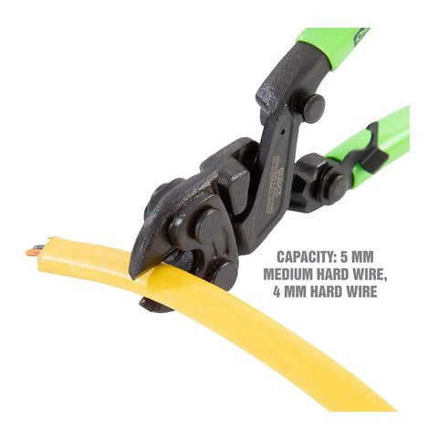 Beefy 8 Inch Heavy Duty Bolt Cutter With Induction Hardened Blades cutting yellow cable, focus on cutting jaws and capacity text