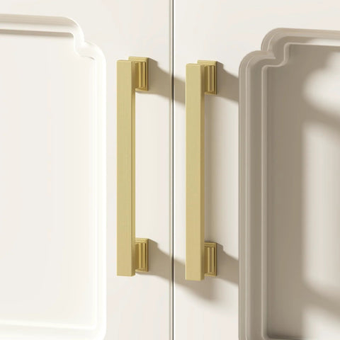 Gold Brushed Cabinet Handle Set Of 20 With Five Inch Center To Center Square Pulls installed on white cabinet doors.