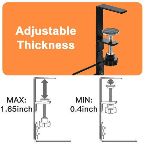 Adjustable thickness clamp for No Drill Under Desk Cable And Wire Management Tray Two Pack, showing max and min desk fit.