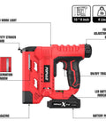 Image of Cordless 18 Gauge Brad Nailer And Electric Stapler Kit With 20V Battery Charger showing tool features, LED light, trigger, and battery.