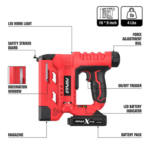 Rock Solid 20V Cordless Brad Nailer And Stapler Combo 18 Gauge Two In One Power Tool with LED light, safety guard, and battery indicator.