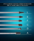 6pcs 6mm Shank Tungsten Carbide Rotary Burr Set For Die Grinder Aluminum 10mm Head laid out against blue background