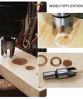 Top Shelf Eight Piece Wood Plug Cutter Drill Bit Set High Carbon Steel Tapered Chamfered Tenon Hole Saw in use on wood surface.