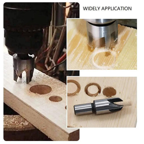 Top Shelf Eight Piece Wood Plug Cutter Drill Bit Set High Carbon Steel Tapered Chamfered Tenon Hole Saw in use on wood surface.