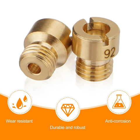 Close-up of brass jets from the Holley Jet Assortment Kit For Carburetors, 72-Piece Jet Set With Sizes #64 To #99, 1/4-32 Threads