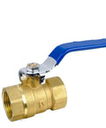 No Sweat Heavy Duty Solid Brass Ball Valve With Smooth Lever Handle For Copper Plumbing Systems And Tight Leak Free Water Shutoff 1 4 Inch To 3 8 Inch Pipe Tap Assembly Kit shown with blue lever handle and brass body.