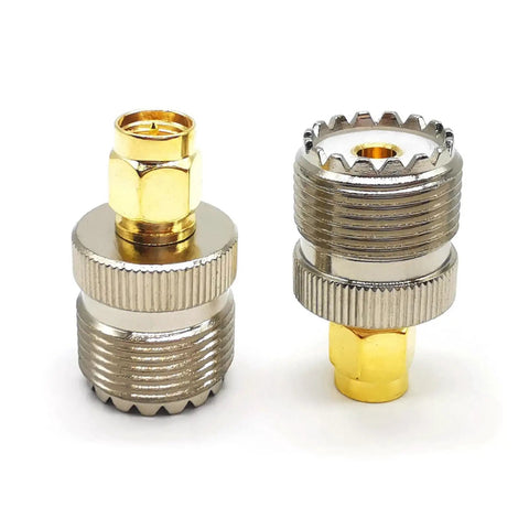 Two Pack SO239 To SMA Antenna Coax Adapters PL259 UHF Female To SMA Male Connectors shown in metallic finish