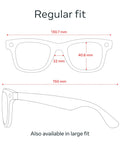 Diagram of Dope Wayfarer Style Smart AI Glasses dimensions with 130.7mm width and 40.6mm lens height, regular fit size.