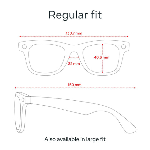 Diagram of Dope Wayfarer Style Smart AI Glasses dimensions with 130.7mm width and 40.6mm lens height, regular fit size.