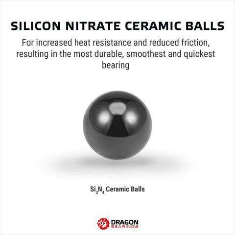 Front view of a dark silicon nitride ceramic ball on white background; Dragon Bearings logo below.
