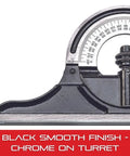 Cast Iron Protractor Head For Combination Squares, Sets And Bevel Protractors, Heavy Duty Construction With Black Smooth Finish And Chrome On Turret, Precision Angles For DIY Projects And Pro Grade Use CPR 1224S showing black smooth finish and chrome on turret close-up.