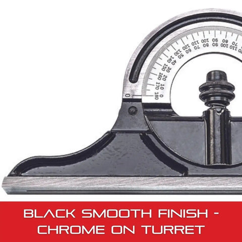 Cast Iron Protractor Head For Combination Squares, Sets And Bevel Protractors, Heavy Duty Construction With Black Smooth Finish And Chrome On Turret, Precision Angles For DIY Projects And Pro Grade Use CPR 1224S showing black smooth finish and chrome on turret close-up.