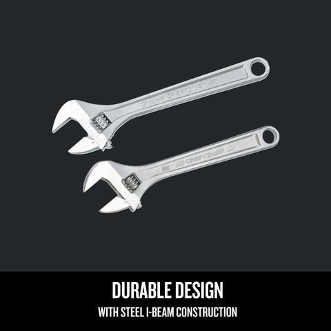 Adjustable Wrench Set, Two Piece All Steel With Wide Jaw Openings shown on black background