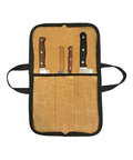 Durable Portable Chefs Knife Roll With 4 Slots Grab And Go Water Repellent Canvas Knife Storage Bag showing knives inside.