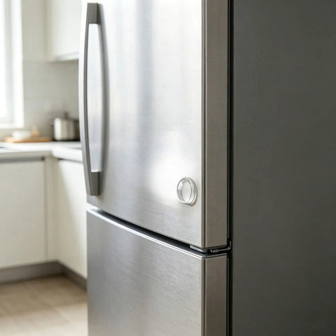12 Piece Cabinet Door Stopper Kit And Fridge Bumper Pads With Super Strong Self Adhesive For Peaceful Rooms on a stainless steel fridge.