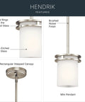 Hendrik 1-Light Mini Pendant with satin etched opal glass shade and brushed nickel finish for kitchen lighting, E26 base.