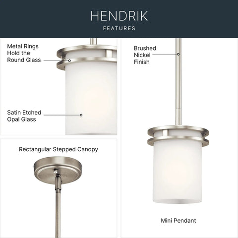 Hendrik 1-Light Mini Pendant with satin etched opal glass shade and brushed nickel finish for kitchen lighting, E26 base.