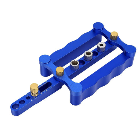 Rock Solid Self Centering Doweling Jig 6 Piece Aluminum Alloy Drill Bit Locator viewed from above, featuring precise adjustment knobs.