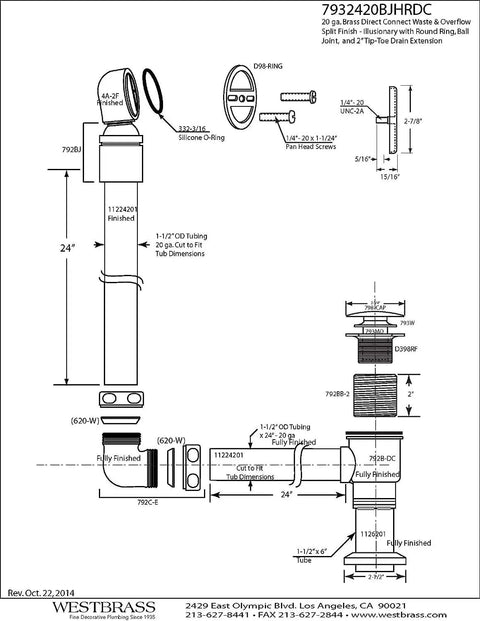 Diagram of 24 Inch Direct Outlet Tub Waste And Overflow Kit With Ball Joint Alignment and Tiptoe Drain, detailed specs included.