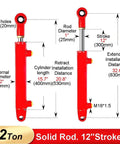 Diagram of a Beefed Up 1.5 Inch Bore 12 Inch Stroke Welded Double Acting Hydraulic Cylinder With 2 Ton Capacity specifications.