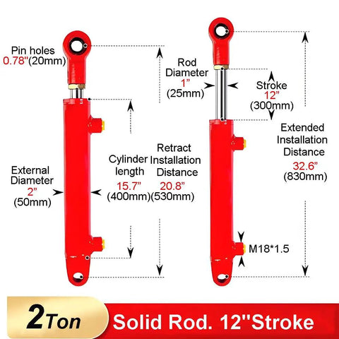 Diagram of a Beefed Up 1.5 Inch Bore 12 Inch Stroke Welded Double Acting Hydraulic Cylinder With 2 Ton Capacity specifications.