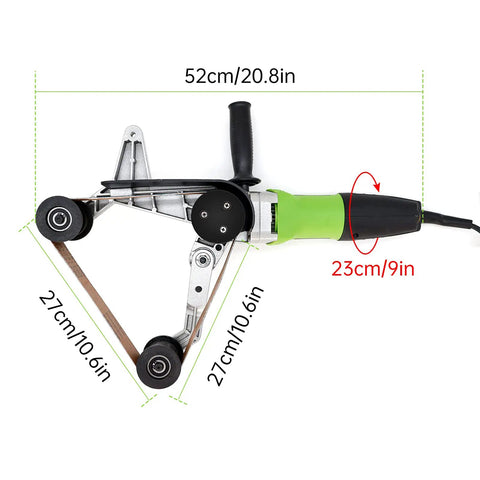 110V 800W Pipe And Tube Polisher with Stainless Round Sander, side view showing dimensions, 360 Degree Rotation, 6 Speed Adjustable
