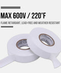 10 Pack White Electrical Tape Waterproof Three Quarters Inch By Sixty Six Feet Pro Grade Industrial Grade High Temp Vinyl Insulation UL CSA Listed Superior Adhesion For Pros And DIY Electrical Projects, showing two rolls with labeling details.