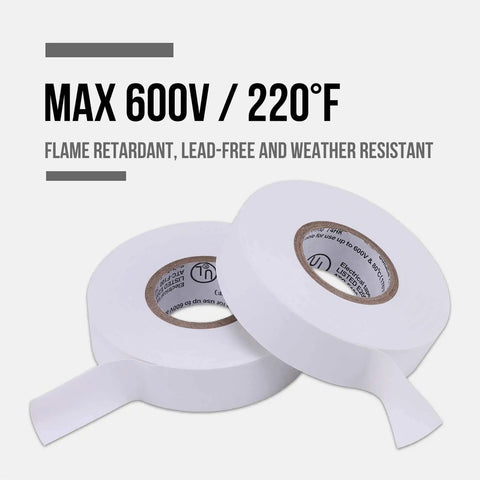 10 Pack White Electrical Tape Waterproof Three Quarters Inch By Sixty Six Feet Pro Grade Industrial Grade High Temp Vinyl Insulation UL CSA Listed Superior Adhesion For Pros And DIY Electrical Projects, showing two rolls with labeling details.