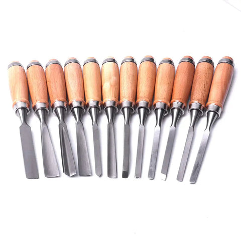 12 Piece Wood Carving Chisel Set With Roll Up Bag And Box Pro Woodworking Gouge Tools For Carpenters And Craftsmen Perfect Gift For Flower Carving Woodcarving Projects And DIY Carving displayed