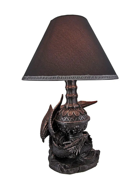 Draco Awakens Lying Dragon Lamp With Treasure Guardian Vibe, 20 Inch Tall resin table light with intricate dragon design