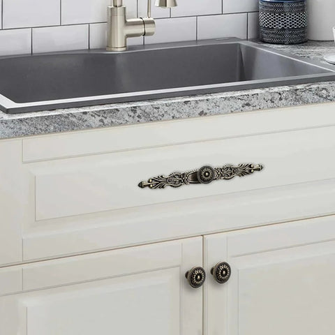 Antique Bronze Cabinet Pulls With Plate, 6.5 Inch Zinc Alloy Handles Set Of Six Installed on Kitchen Drawer