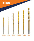Front view of INTOO mini drill bit set with six gold HSS titanium micro bits in sizes 3/64–1/8 in.