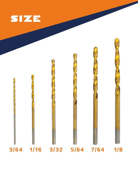Front view of INTOO mini drill bit set with six gold HSS titanium micro bits in sizes 3/64–1/8 in.