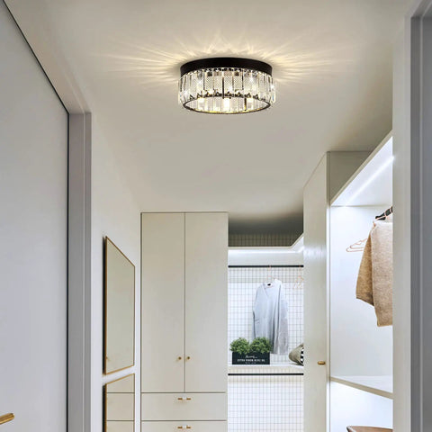 Modern round chandelier in hallway, semi flush mount crystal ceiling light with open bottom design, G9 socket, black finish