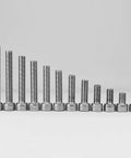 Dead Solid M6 X 30mm Socket Head Cap Screws With Full Threads And Allen Drive lined up, showcasing various lengths and full threads.