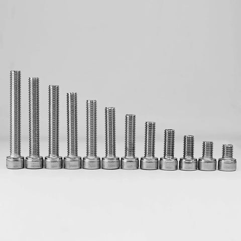 Dead Solid M6 X 30mm Socket Head Cap Screws With Full Threads And Allen Drive lined up, showcasing various lengths and full threads.
