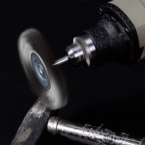 Stainless Steel Wire Wheel Brush 25mm T-Type on rotary tool, crimped bristle cleaning metal surface, with 1/8 inch shank, pro grade use.