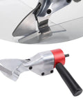 Heavy Duty Metal Shear Drill Attachment That Knocks Out Iron Aluminum Or Stainless Steel Sheets With CRV Steel Blade and Smooth 360 Rotating Handle close-up.