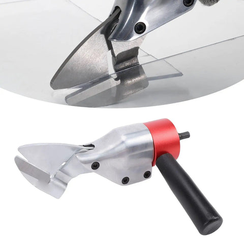 Heavy Duty Metal Shear Drill Attachment That Knocks Out Iron Aluminum Or Stainless Steel Sheets With CRV Steel Blade and Smooth 360 Rotating Handle close-up.