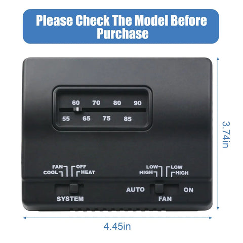 RV Thermostat For Mach Air Conditioners Heat And Cool Control Single Stage Replacement, black unit with controls and dial.