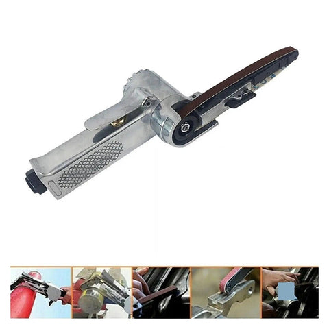 Air Angle Belt Sander And Grinding Machine Kit With 1/4 Inch Air Hose Fitting compact pneumatic tool in silver for precision work.