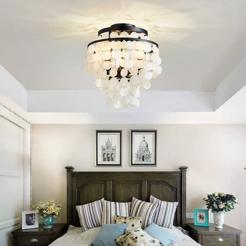 Capiz Shell Semi Flush Mount Ceiling Light in Matte Black for Bedroom and Kitchen Dope Coastal Style Pendant Fixture