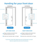 Diagram showing exterior door handle orientations for Front Entry Door Handle Set With Single Cylinder Lever In Satin Nickel Finish For Exterior Or Interior Use Compatible With Left Or Right Handed Doors Adjustable Bolt For Standard 1 3 8 To 1 3 4 Inch Doors Dope Easy Install