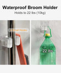 Two Pack Adhesive Broom And Mop Holder With Rubber Grips, Wall Mount Organizer With Hooks, holding broom and 22 lb water jug