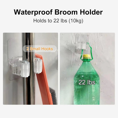 Two Pack Adhesive Broom And Mop Holder With Rubber Grips, Wall Mount Organizer With Hooks, holding broom and 22 lb water jug
