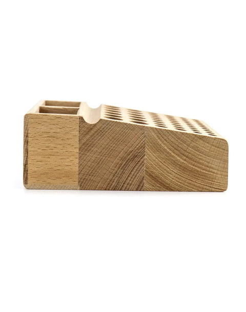 Side view of Pro Grade Leatherworking Tool Rack Beech Wood 46 Hole Organizer Box With 2 Slots, showcasing beech wood texture.