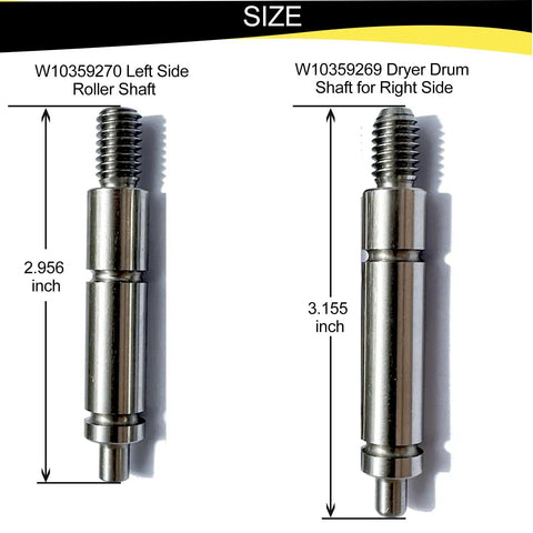 Heavy Duty Dryer Roller Shaft Kit Replaces W10359269 W10359270 Axles For Whirlpool Dryers, left and right shafts shown with sizes.