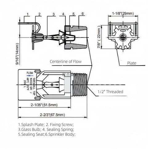 Diagram of Heavy Duty Horizontal Sidewall Fire Sprinkler Head Half Inch NPT 155 Degree with dimensions and components labeled.
