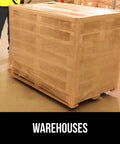 Heavy Duty Stretch Film Shrink Wrap For Moving And Storage, Extra Thick 60 Gauge around a wooden pallet in a warehouse.