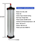 Tough As Nails Aluminum Pneumatic Cylinder, 4 Inch Bore, 18 Inch Stroke, Double Acting, Single Rod, Model SC 100 x 450 with specifications